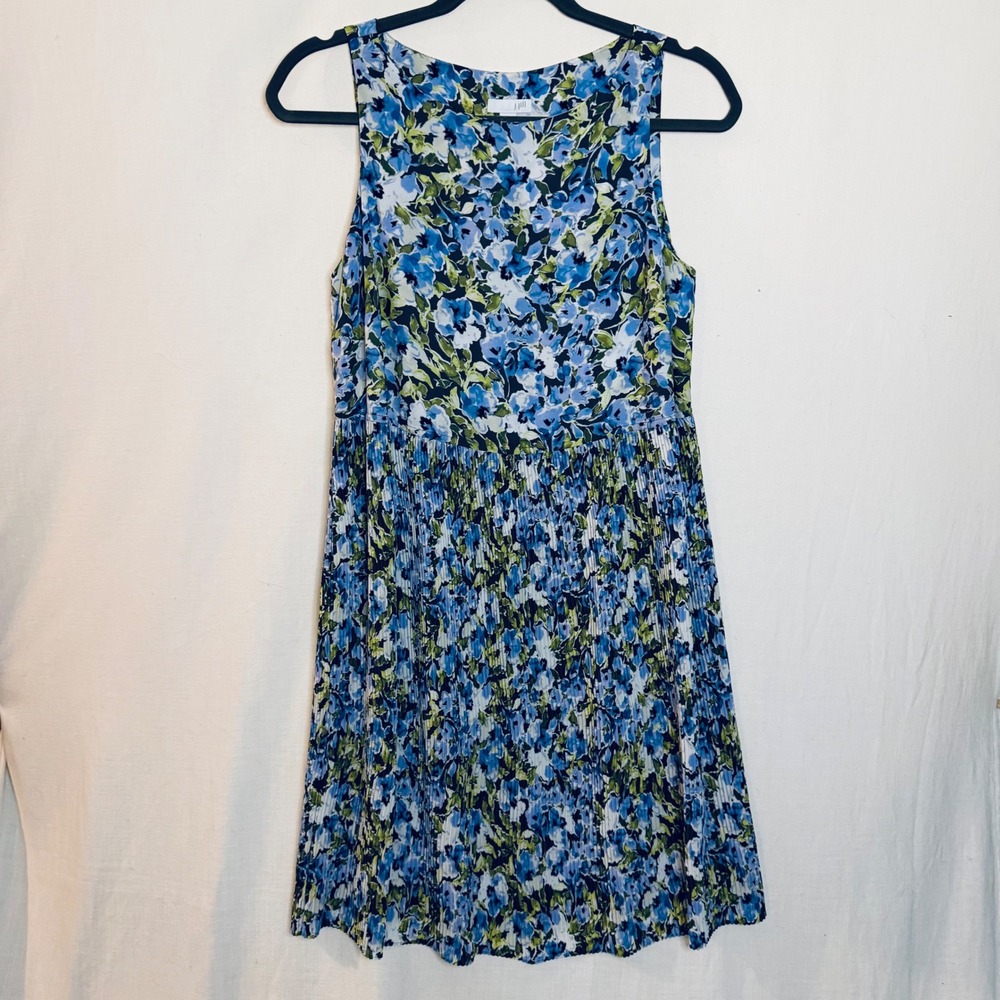 J. Jill Blue Green Floral Pleated Sleeveless Dress Petite Small P/S Lined